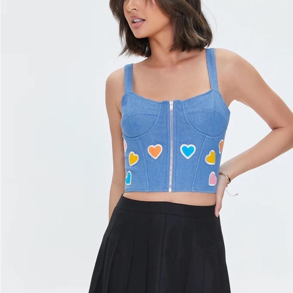 FOREVER 21 Heart graphic denim bustier crop top NWT